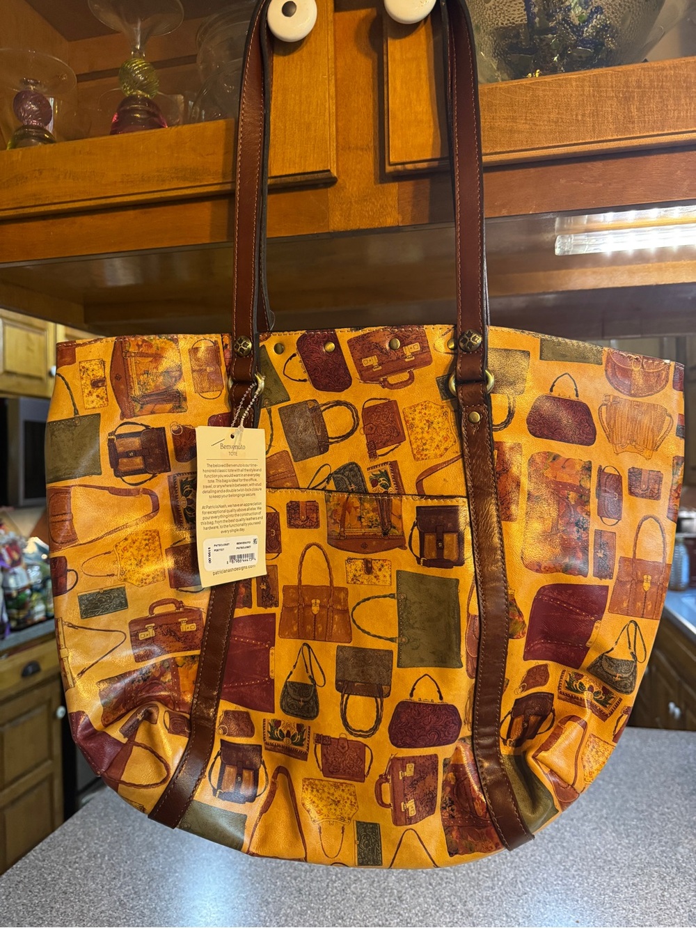 Patricia Nash Mustard and Brown Patterned Leather Tote